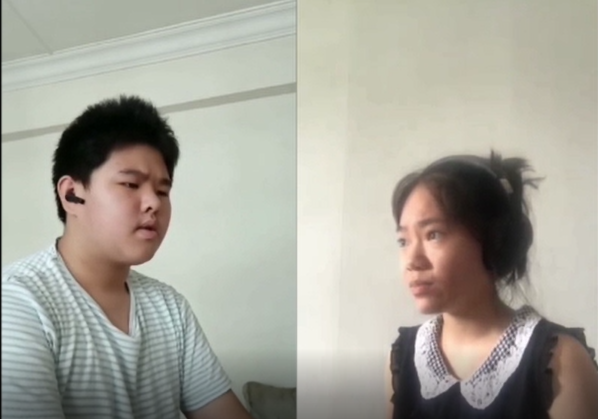 Two young people shown in a split screen, a boy with an earpiece on the left and a girl in a dark top on the right.